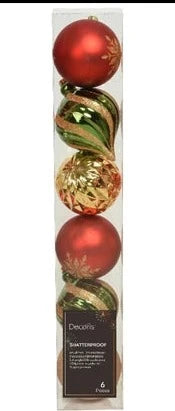 Pack of 6 Red, Green and Gold Large Baubles