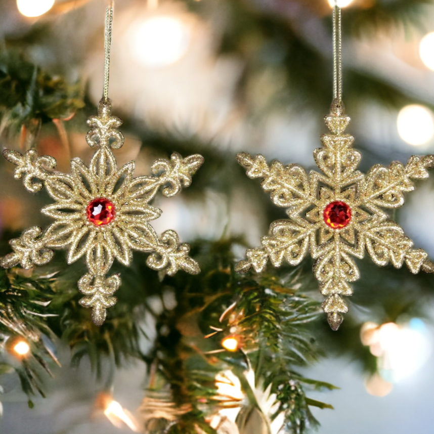 Set of 2 Gold Glitter Snowflake Hanging Christmas Decoration