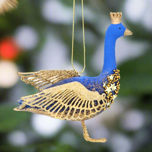 Blue and Gold Goose Hanging Christmas Tree Decoration