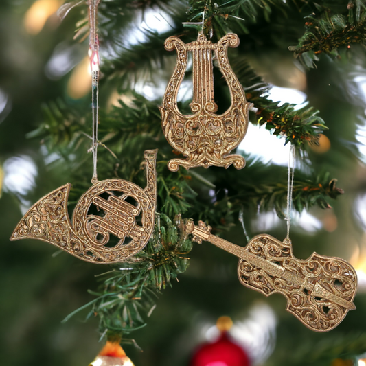 Set of 3 Old Gold Filigree instruments Christmas Tree Decoration