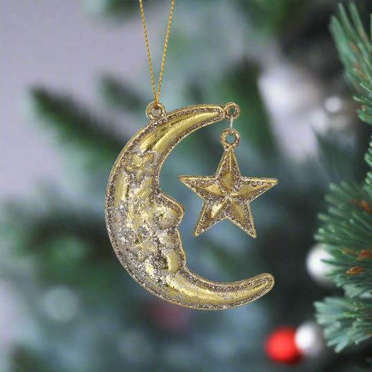 Gold Moon with Star Hanging Christmas Tree Decoration