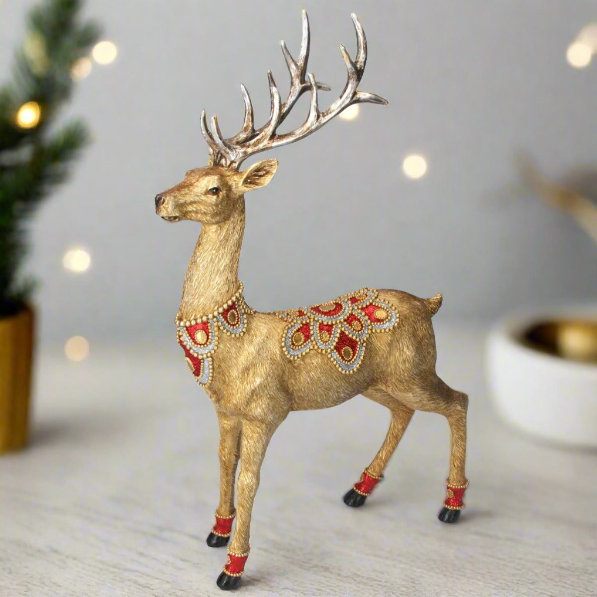 Christmas Gold Stag Ornament With Red And Gold Jewels