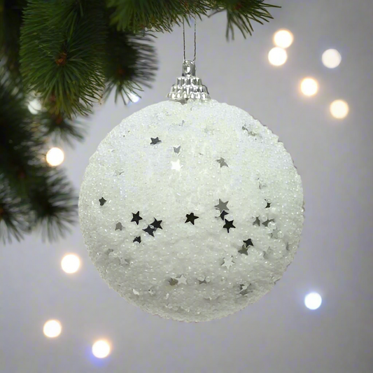 White Beaded and Silver Star Christmas Bauble 8cm