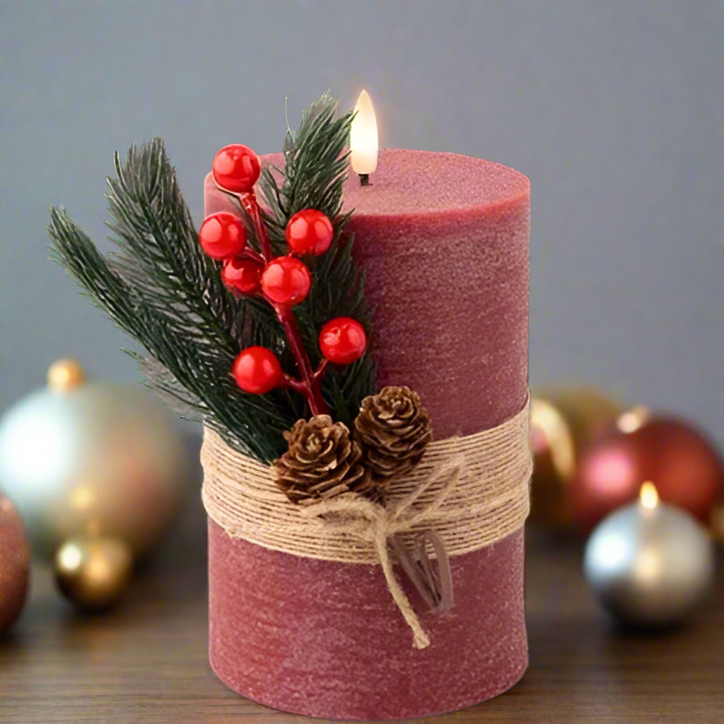 Red LED Wick Wax Christmas Candle with Foliage Decoration 18cm x 10cm