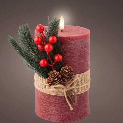 Red LED Wick Wax Christmas Candle with Foliage Decoration 18cm x 10cm