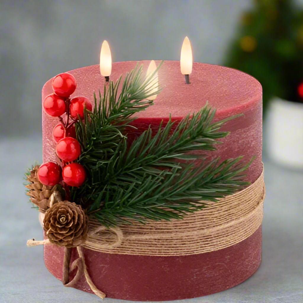 Red LED 3 Wick Wax Christmas Candle with Foliage Decoration