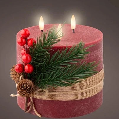 Red LED 3 Wick Wax Christmas Candle with Foliage Decoration