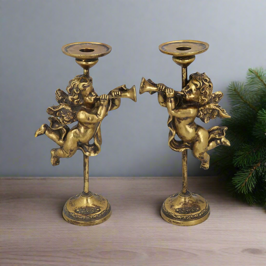 Gold Trumpeting Cherub Christmas  Candlesticks