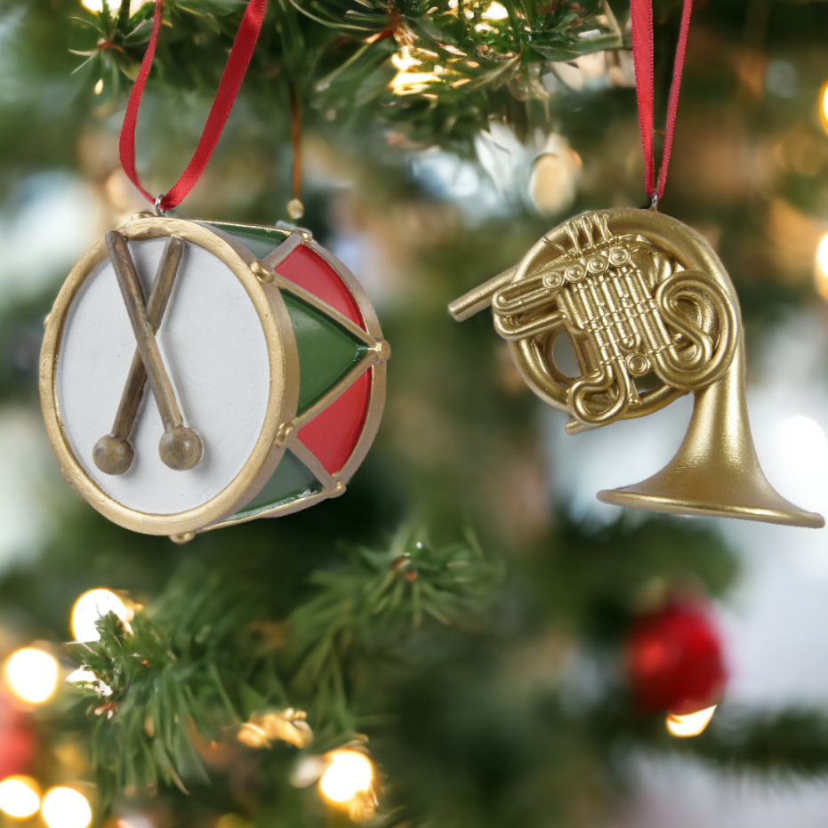 Drum and French Horn Hanging Christmas Decorations
