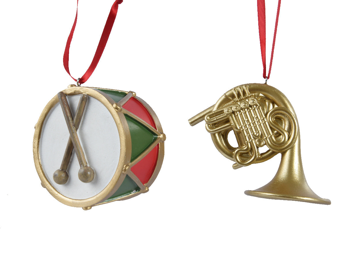 Drum and French Horn Hanging Christmas Decorations