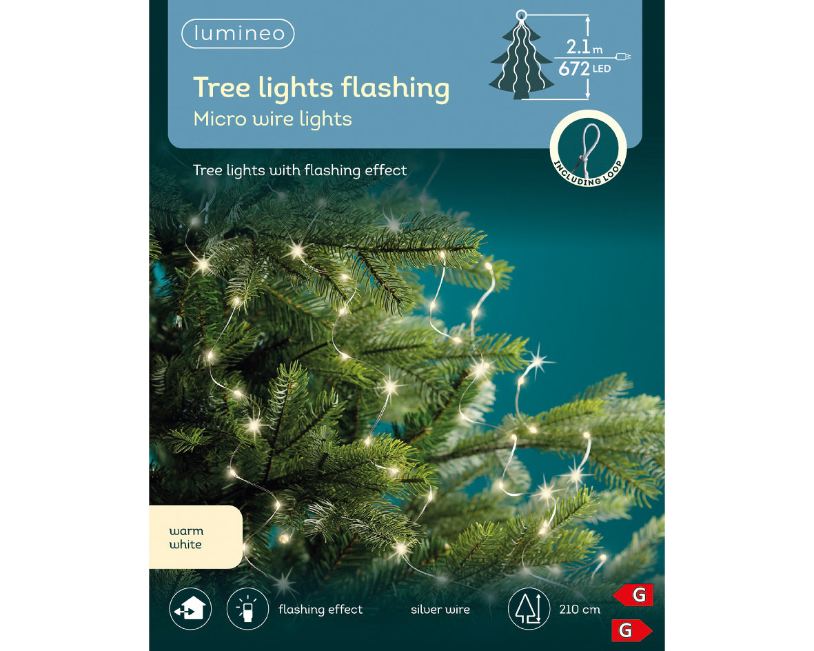 Lumineo Warm White Silver Wire Flashing Effect Christmas Tree Lights 210cm