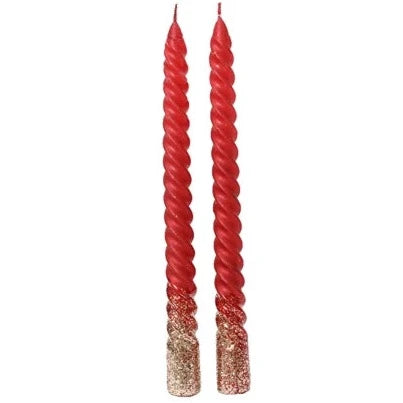 Set of 2 Metallic Red with Gold Glitter Spiral Wax Festive Dinner Candle