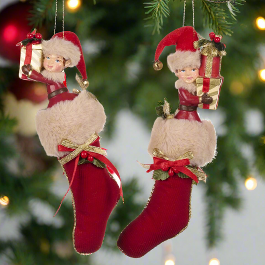 Christmas Elf in Stocking Hanging Decoration