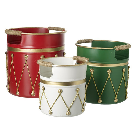 Set of 3 Christmas Drum Design Metal Containers