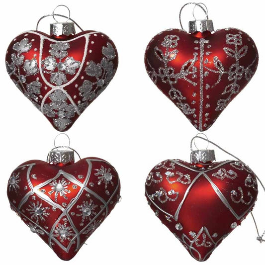 Ornate Red and Silver Heart Bauble Set
