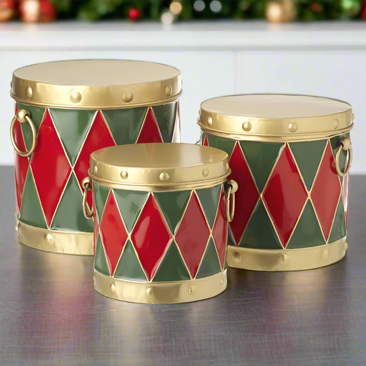 Set of 3 Traditional Drum Christmas Storage Tins