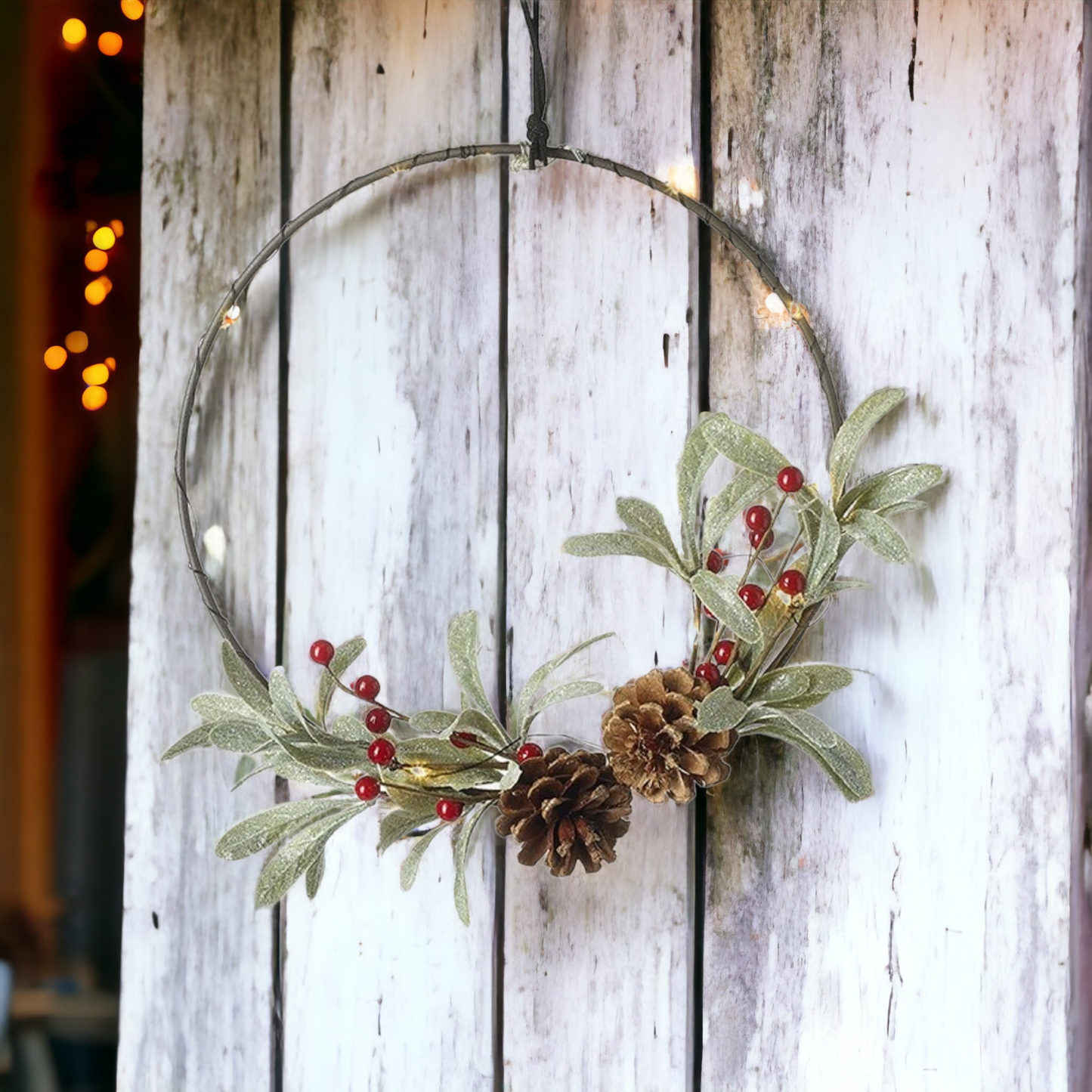 Light Up Wreath With Frosted Mistletoe and Berries