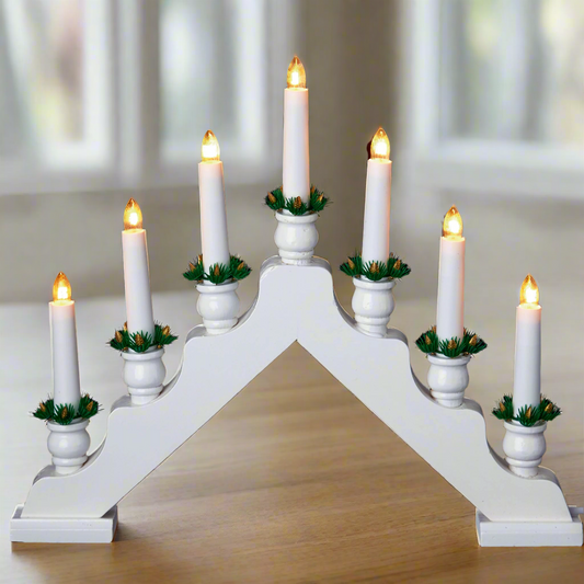 Christmas Candle Bridge with Foliage in White Wood