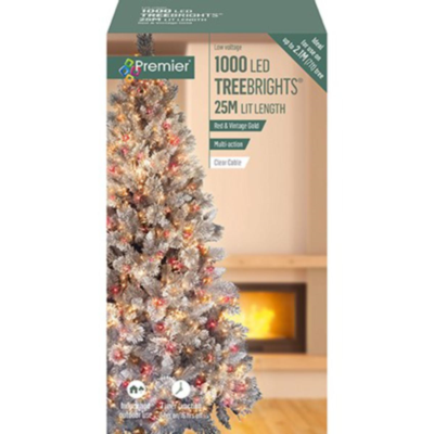 Premier TreeBrights 1000 Red and Vintage Gold LED Christmas String Lights Clear Cable