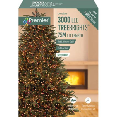 Premier 3000 Red and Vintage Gold LED Treebrights Christmas String Lights