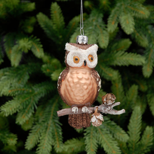 Glass Owl on Branch Hanging Christmas Decoration