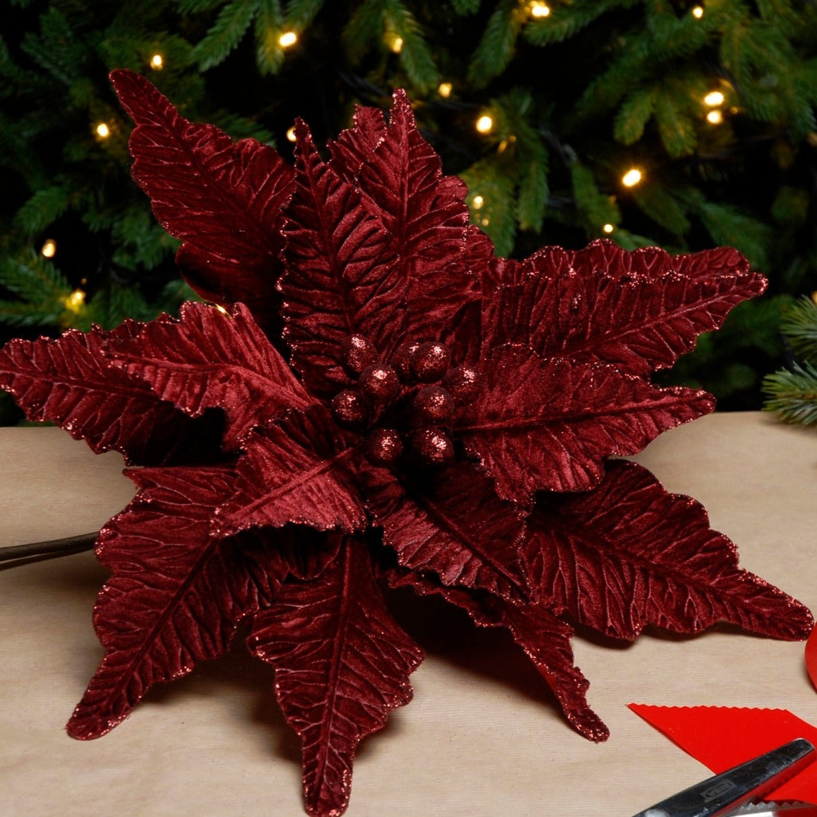 Burgundy Velvet Christmas Poinsettia Stem 68cm