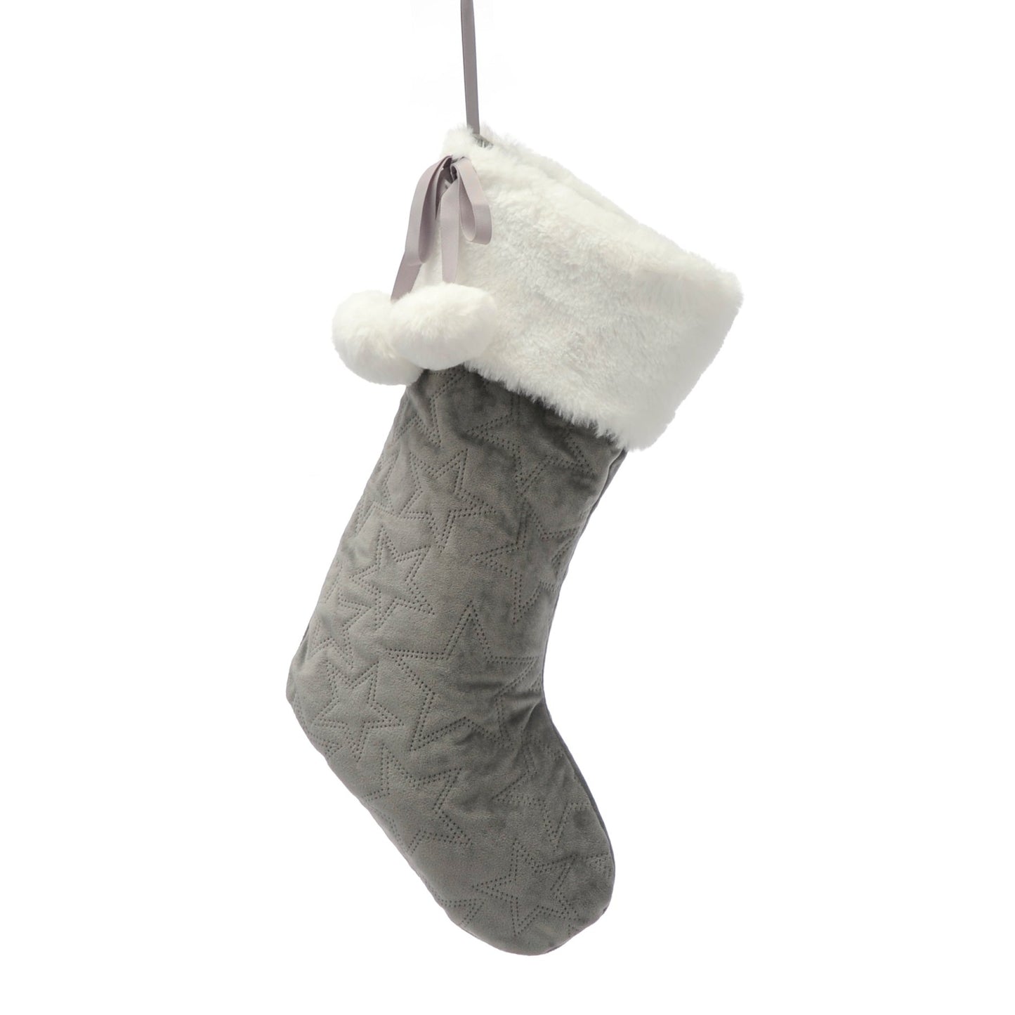 Grey Star Embossed Christmas Stocking  Decorartion 48cm