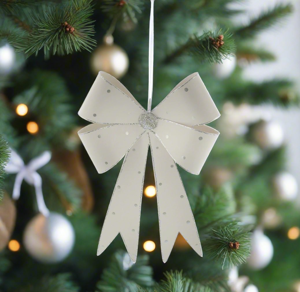 White Metal Bow with Silver Glitter Christmas Decoration 25cm