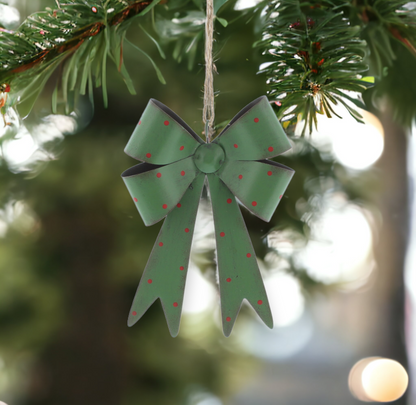 Green Metal Christmas Bow with Red Spots 18cm