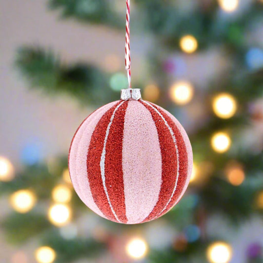 Pink and Red Stripe Ball Hanging Christmas Decoration