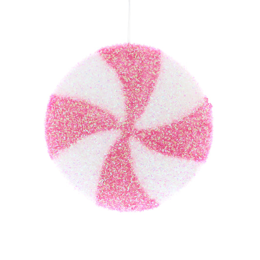 Pink and White Candy Stripe Disc Christmas Decoration 18cm