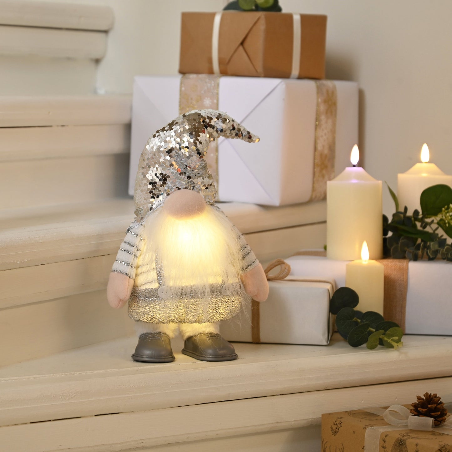 Silver Sequin Dancing Lit Gonk Christmas Decoration