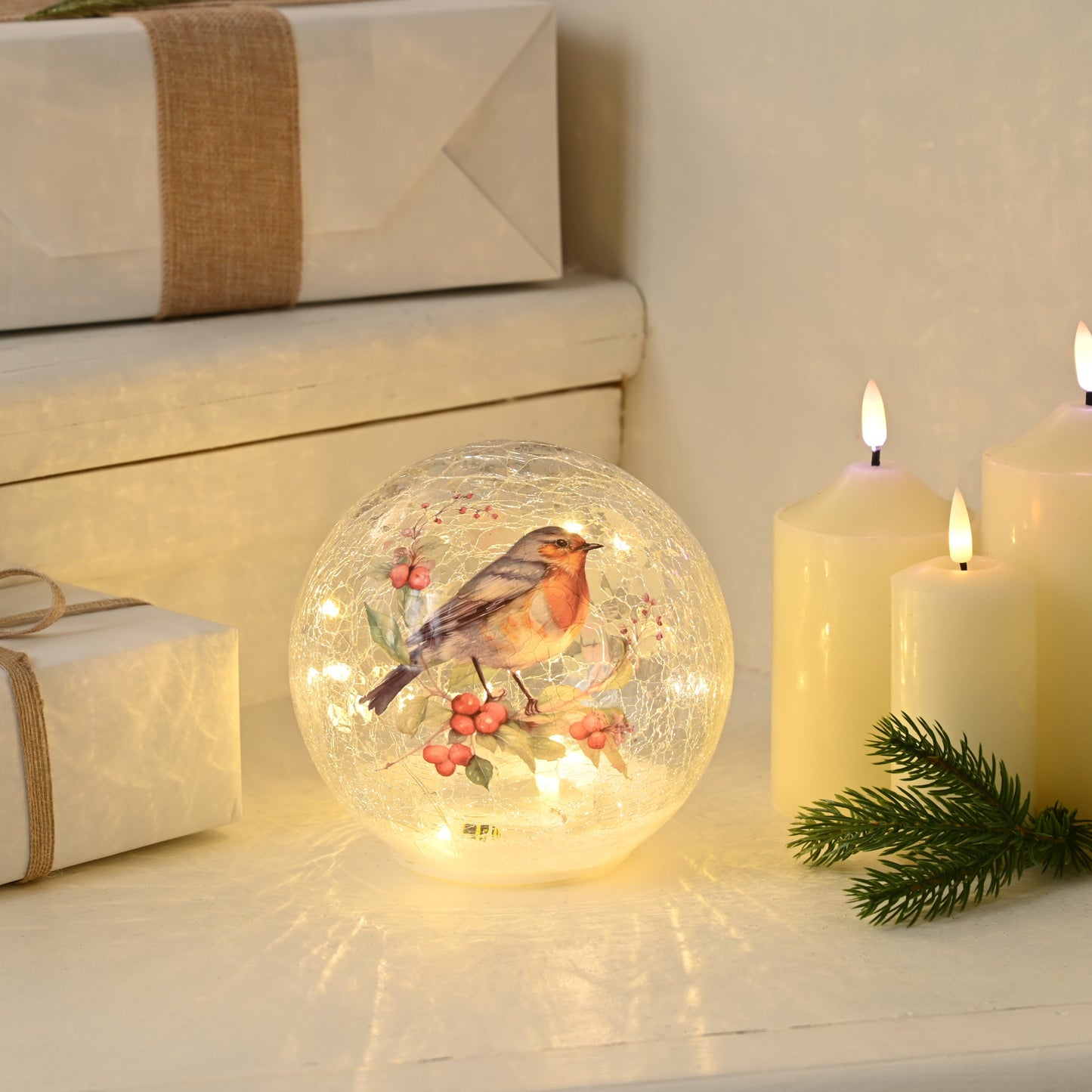 Robin Design Light Up Crackle Ball Christmas Decoration