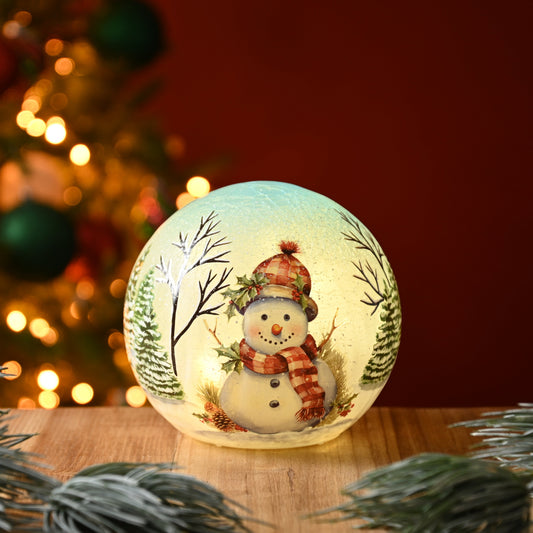 Holly Snowman Light Up Crackle Effect Ball Christmas Decoration