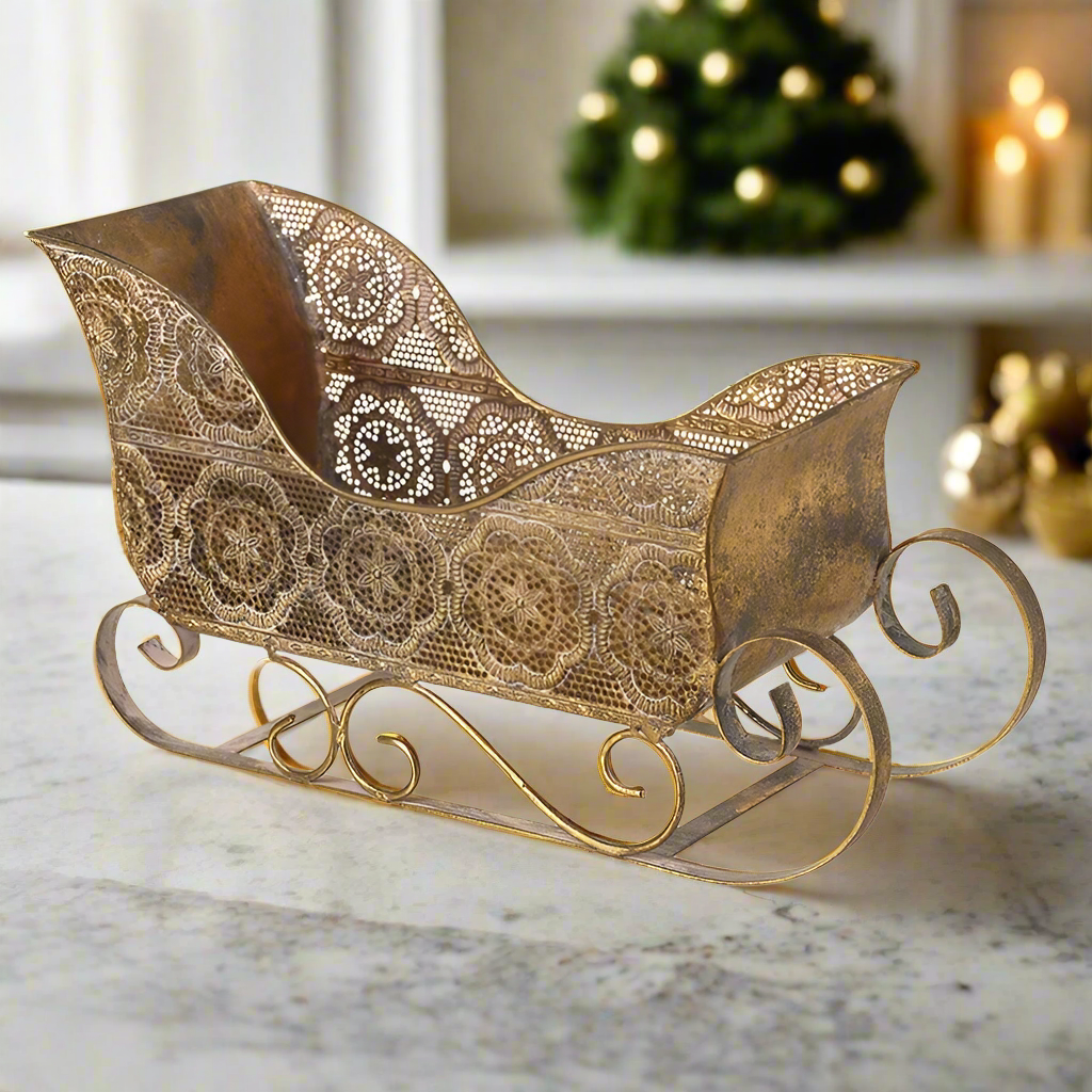 Vintage Style Gold Christmas Sleigh Decoration