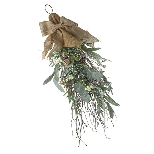 Winter Foliage with Hessian Bow Christmas Teardrop Wreath