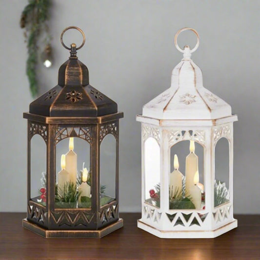 Vintage Style Christmas Lantern with Candles and Foliage