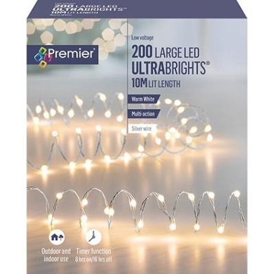 Premier 200 Warm White Large LED Ultrabrigths Pin Wire Christmas Lights