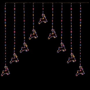 Image of V rainbow coloured curtain lights with hanging reindeer.