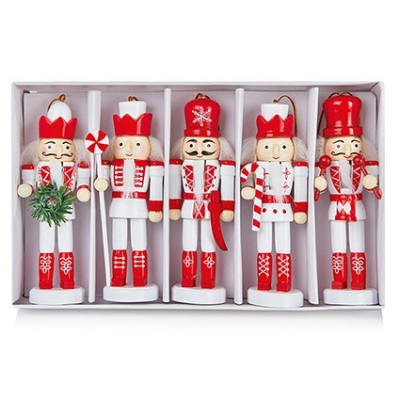 Set of 5 Red and White Nutcracker Christmas Tree Decorations