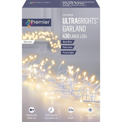 Premier Silver Ultrabright 2.7m Garland Pin Wire with 430 Warm White LED's