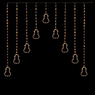 Image of warm white V curtain lights with hanging snowman.