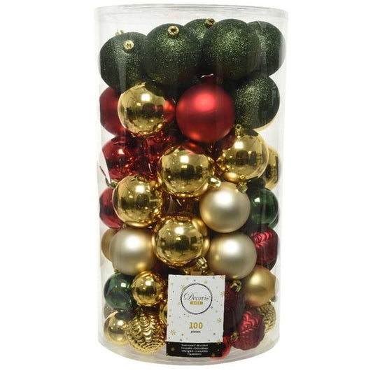 Product image of 100 gold, red and green Christmas baubles in clear cylinder.