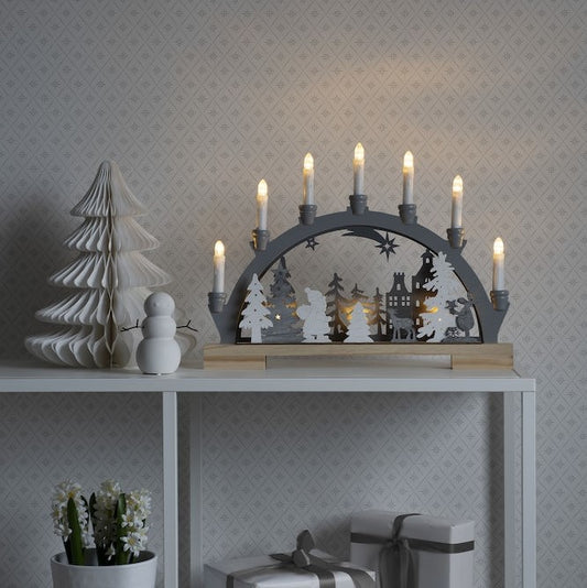 Wooden Candle Bridge with Lit Silhouette Santa Scene