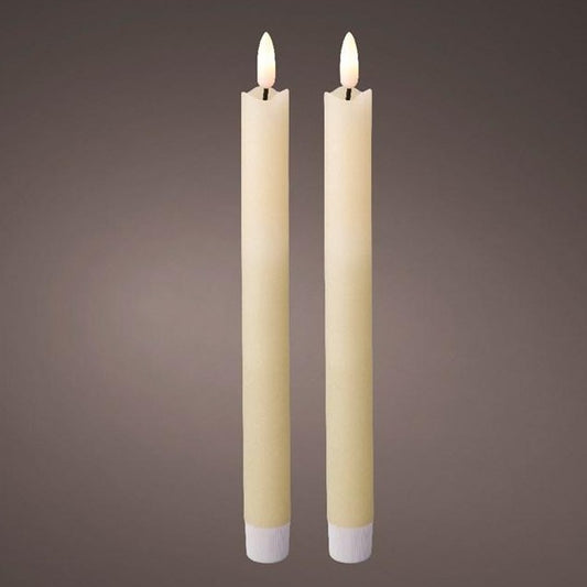 Picture image of two cream, tall dinner candles with
 LED wicks.