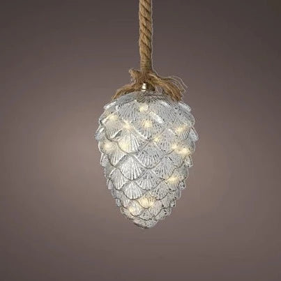 Lumineo Silver Pine Cone Hanging Christmas Decoration on Rope 15cm