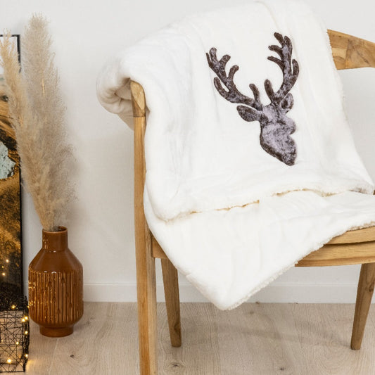 Faux Fur Stag Head Cream Christmas Throw