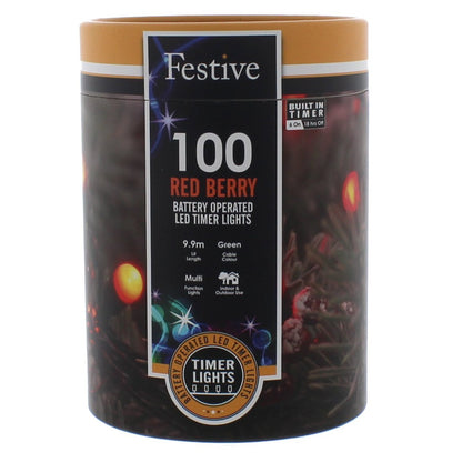 Festive 100 Red Berry Battery Operated Christmas String Lights