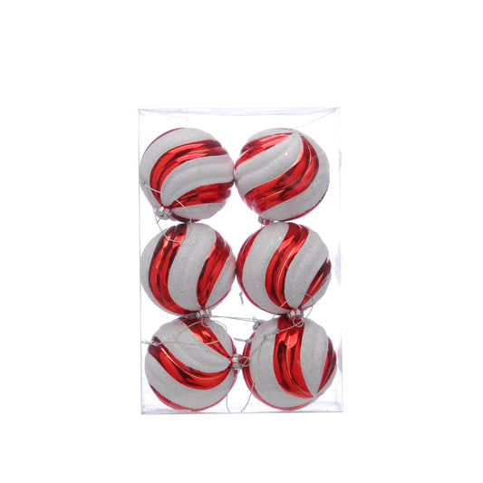 Set of 6 Red and White Candy Cane Christmas Baubles 8cm