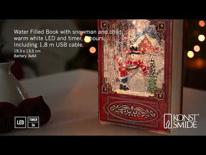 Red Vintage  Christmas Book with Snowman Scene Water Lantern